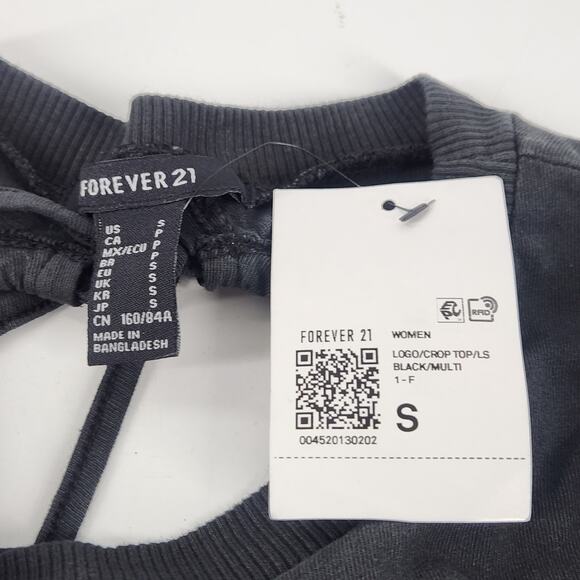 Forever 21 Logo Long Sleeve Crop Top Size Small Black Backless Graphic Casual - Picture 6 of 8